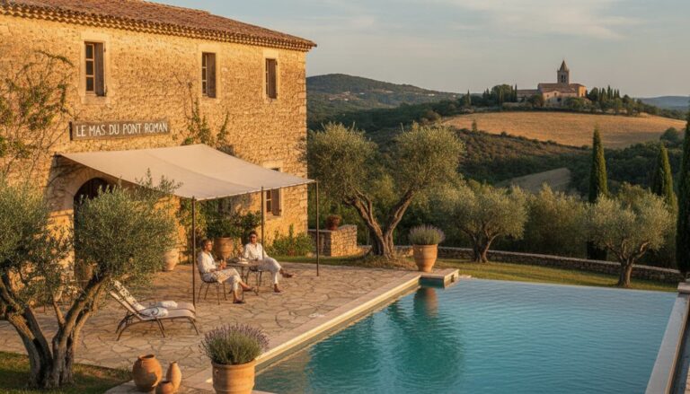 Bastide en pierre illuminée par la lumière dorée du soir, entourée d'oliviers, avec une piscine scintillante et un couple sur une terrasse ombragée.