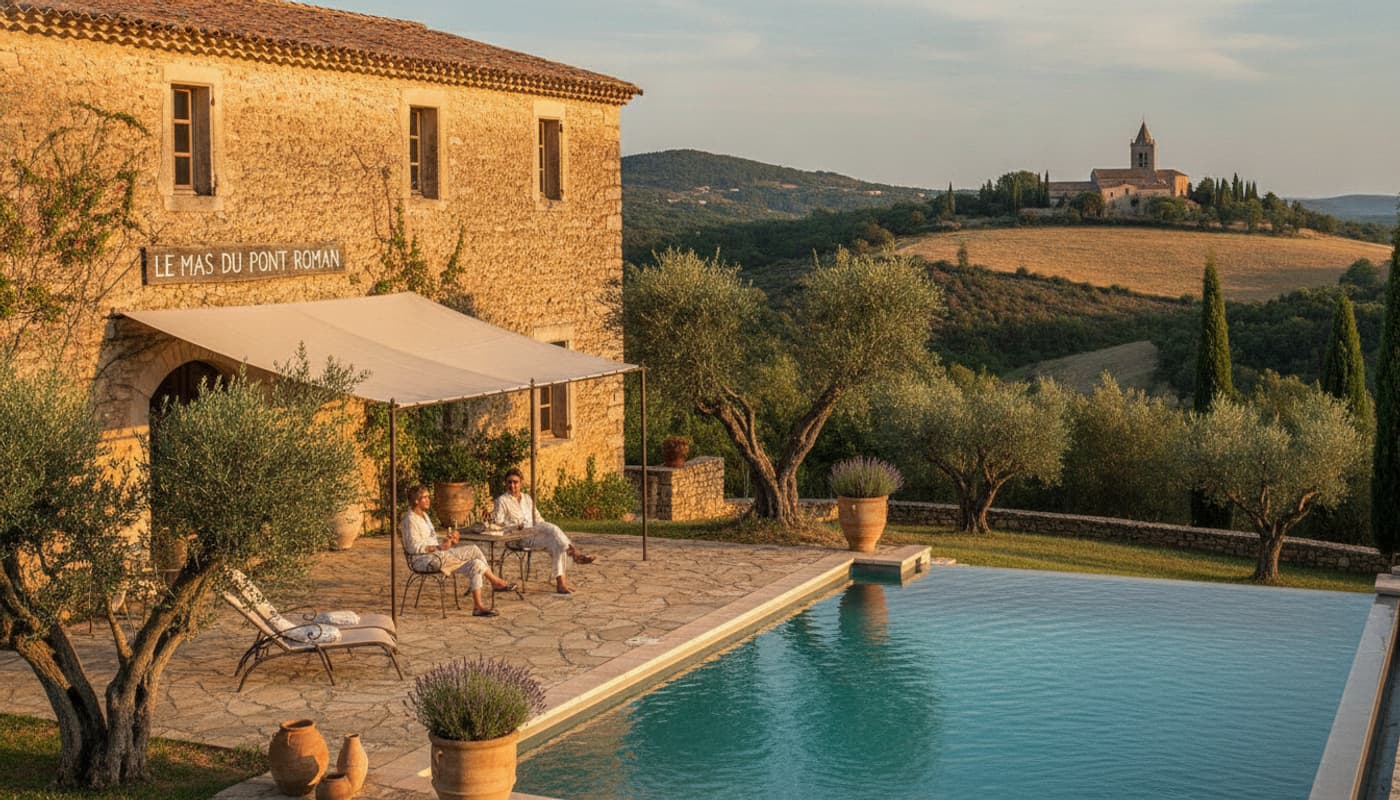 Bastide en pierre illuminée par la lumière dorée du soir, entourée d'oliviers, avec une piscine scintillante et un couple sur une terrasse ombragée.