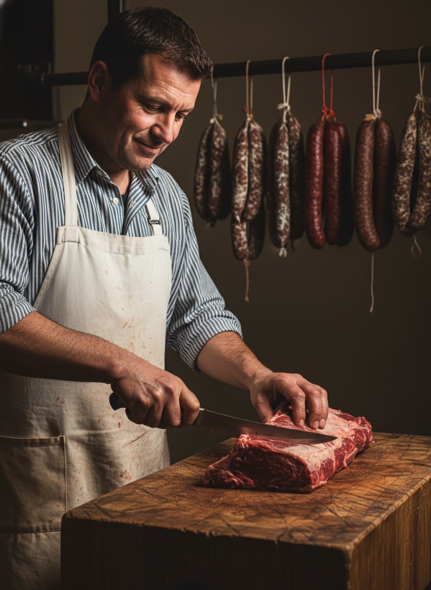 Un boucher en tablier traditionnel travaille une pièce de bœuf limousin sur un billot en bois, entouré de saucissons artisanaux suspendus à l'arrière-plan.
