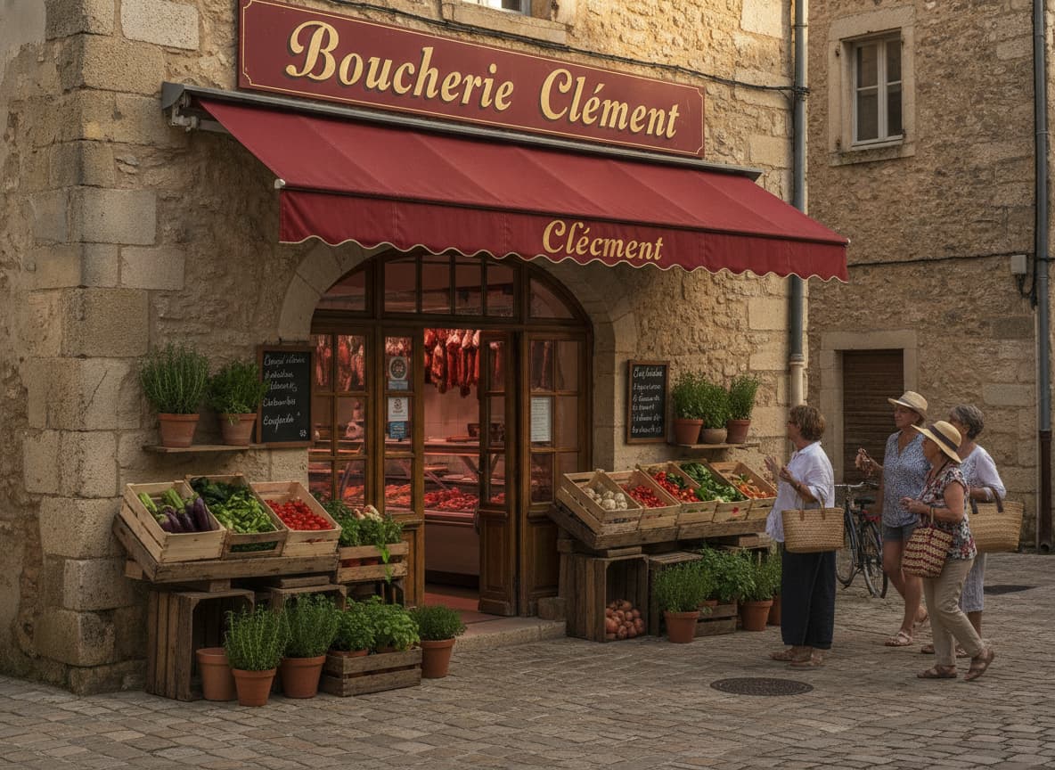 Façade d'une boucherie traditionnelle avec un auvent rouge et l'inscription 'Boucherie Clément' en lettres dorées, sur une place de village provençal ensoleillée, avec des habitants passant devant.