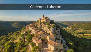 Village perché de Cadenet dans le Luberon, sous un soleil matinal, avec maisons en pierre et toits en terrasse, ruines de château médiéval, ciel bleu, vallées verdoyantes, et un texte 'Cadenet, Luberon' avec ombre portée sur un fond sombre semi-transparent.