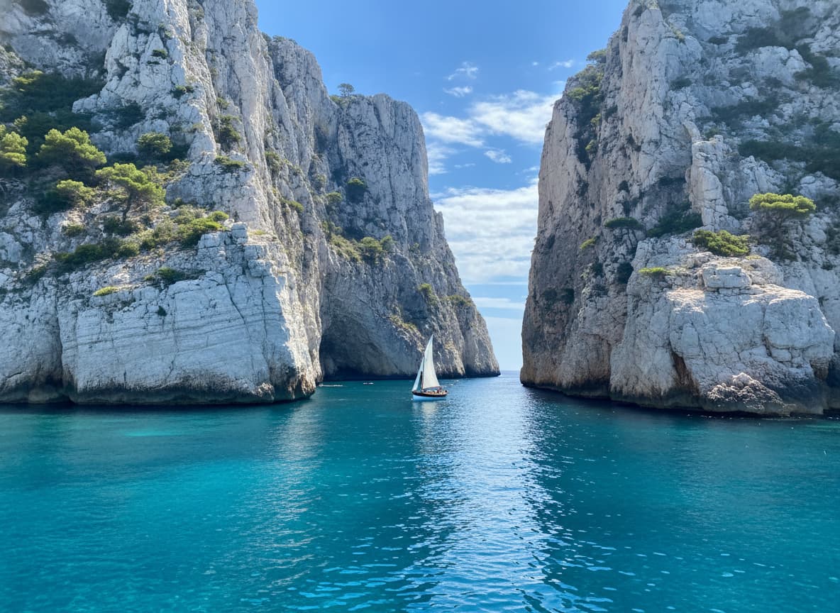 Falaises calcaires blanches plongeant dans des eaux turquoise cristallines, un petit bateau traditionnel navigue entre les étroites parois rocheuses, végétation méditerranéenne accrochée aux falaises, sous un ciel bleu profond avec quelques nuages.