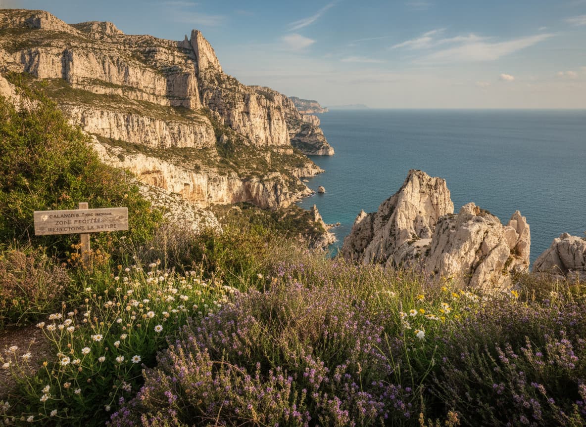 Paysage du parc national des Calanques avec thym sauvage, lavande et fleurs sauvages au premier plan, roches calcaires blanches sous la lumière douce du matin, et un panneau de garde forestier partiellement visible dans la végétation.