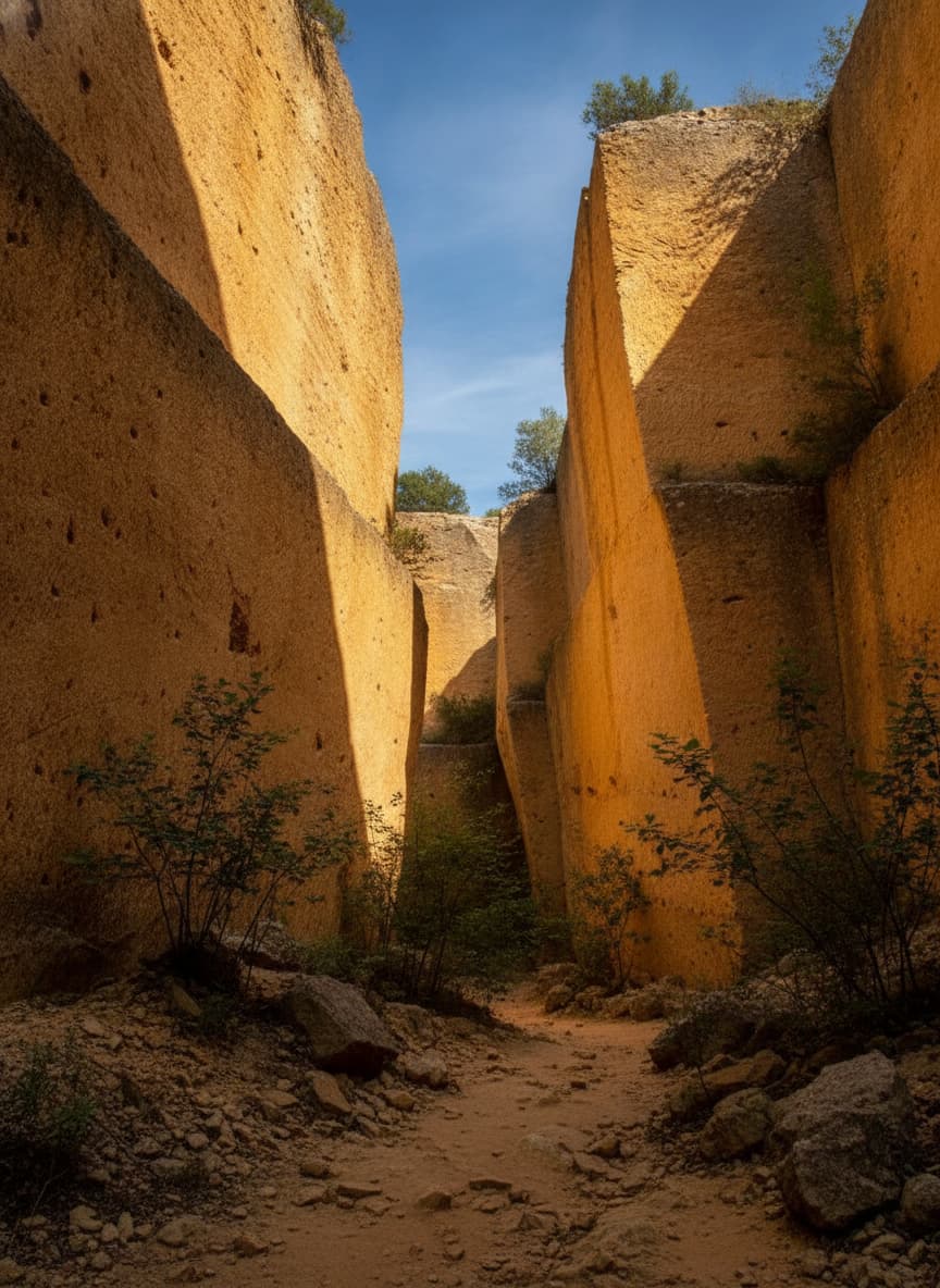 Paysage dramatique des carrières de calcaire ocre abandonnées de Bibémus près d