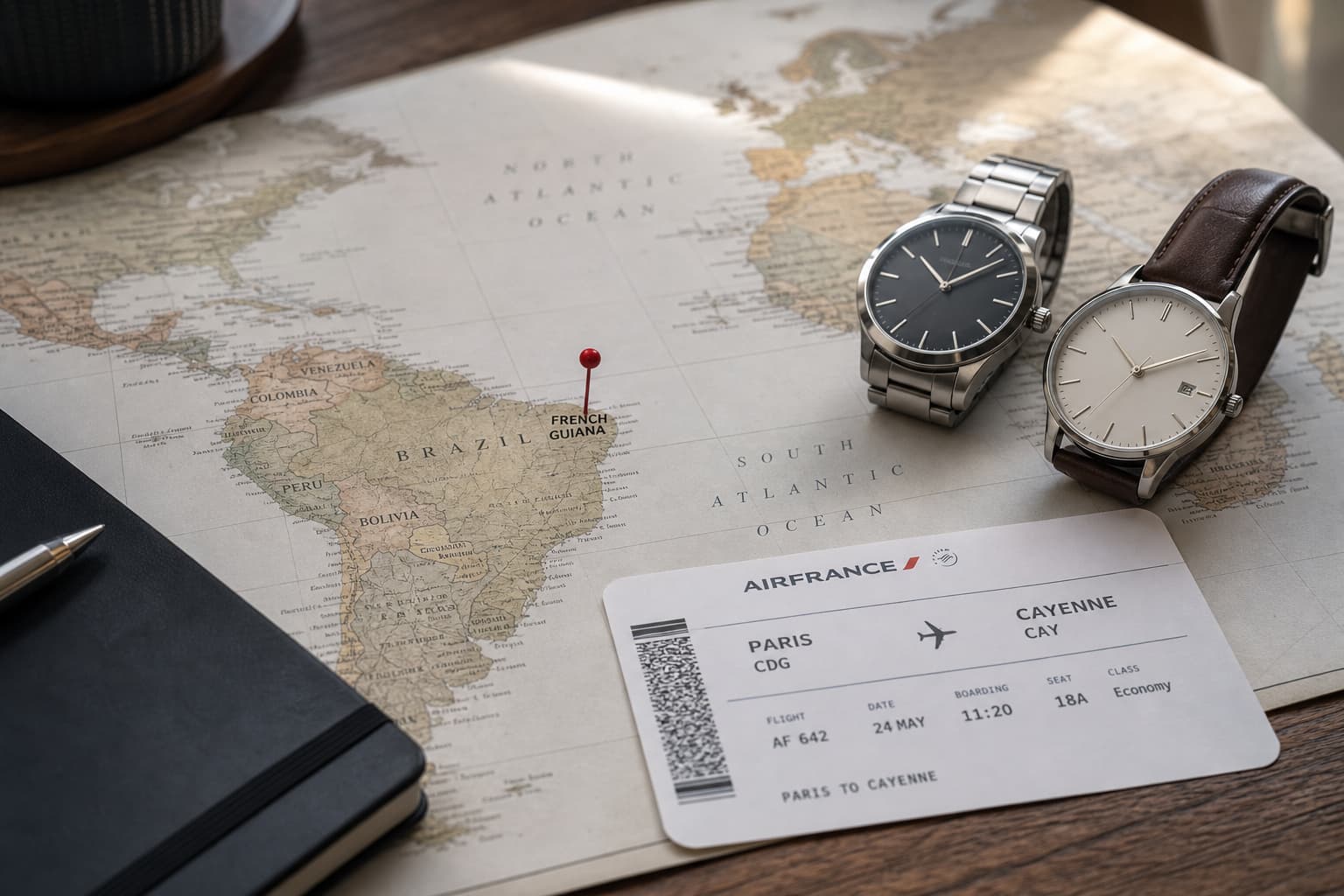 Une carte du monde avec une épingle sur la Guyane, un billet d