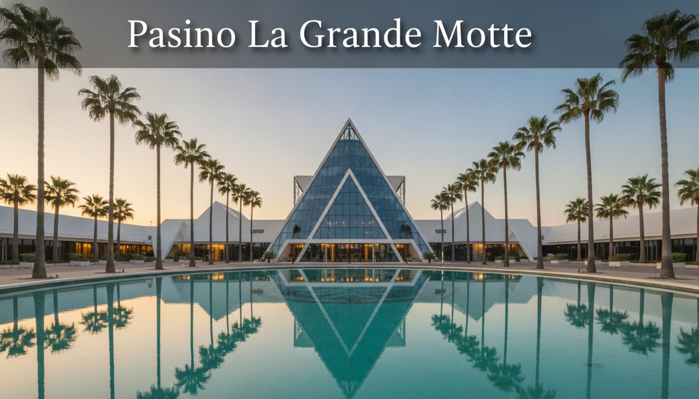 Façade du casino Pasino La Grande Motte illuminée au crépuscule, avec palmiers et reflets dans l'eau.