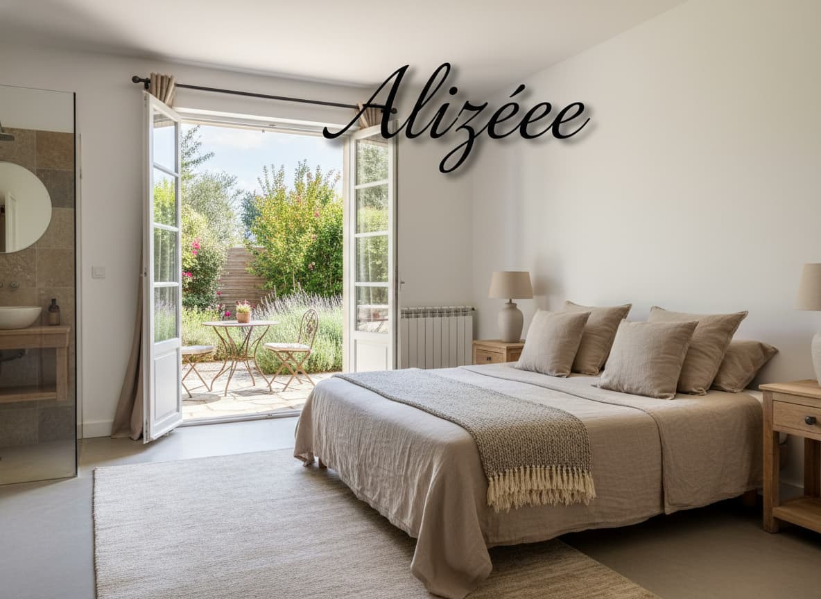 Chambre Alizée avec lit queen-size, linge de lit aux teintes naturelles, salle de bains avec douche à l'italienne, portes-fenêtres ouvertes sur un patio privé donnant sur un jardin tranquille, et texte 'Alizée' en superposition avec une ombre portée.