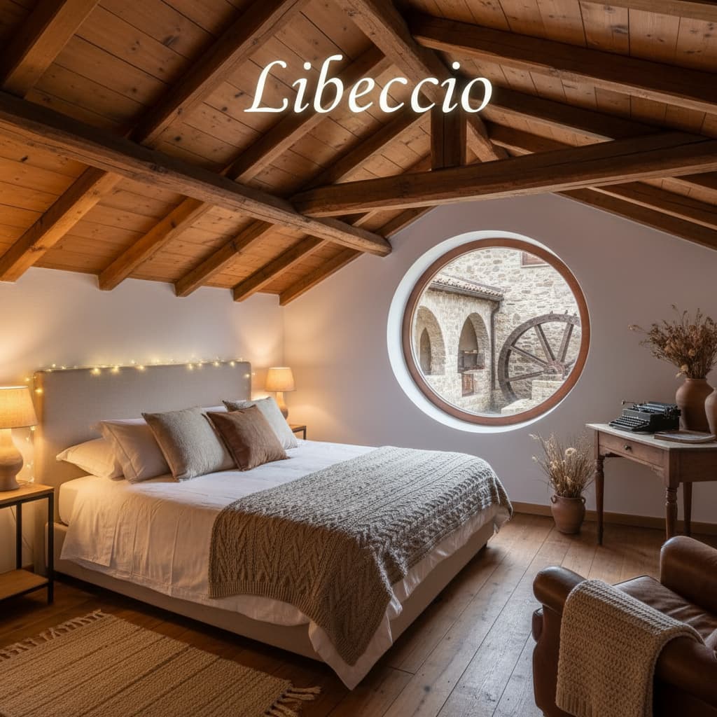Chambre d'hôte cosy sous les combles avec poutres apparentes, un grand lit double et une vue sur la cour, avec le texte 'Libeccio' superposé.