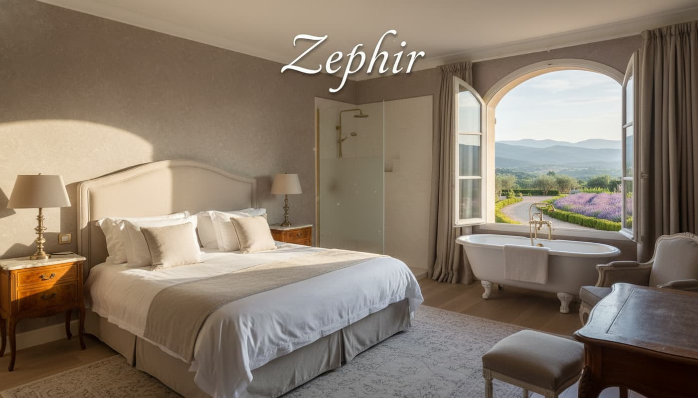 Chambre romantique avec lit king-size, décoration élégante, douche à l'italienne et large fenêtre offrant une vue panoramique sur les montagnes du Luberon, avec le texte 'Zephyr' en superposition.