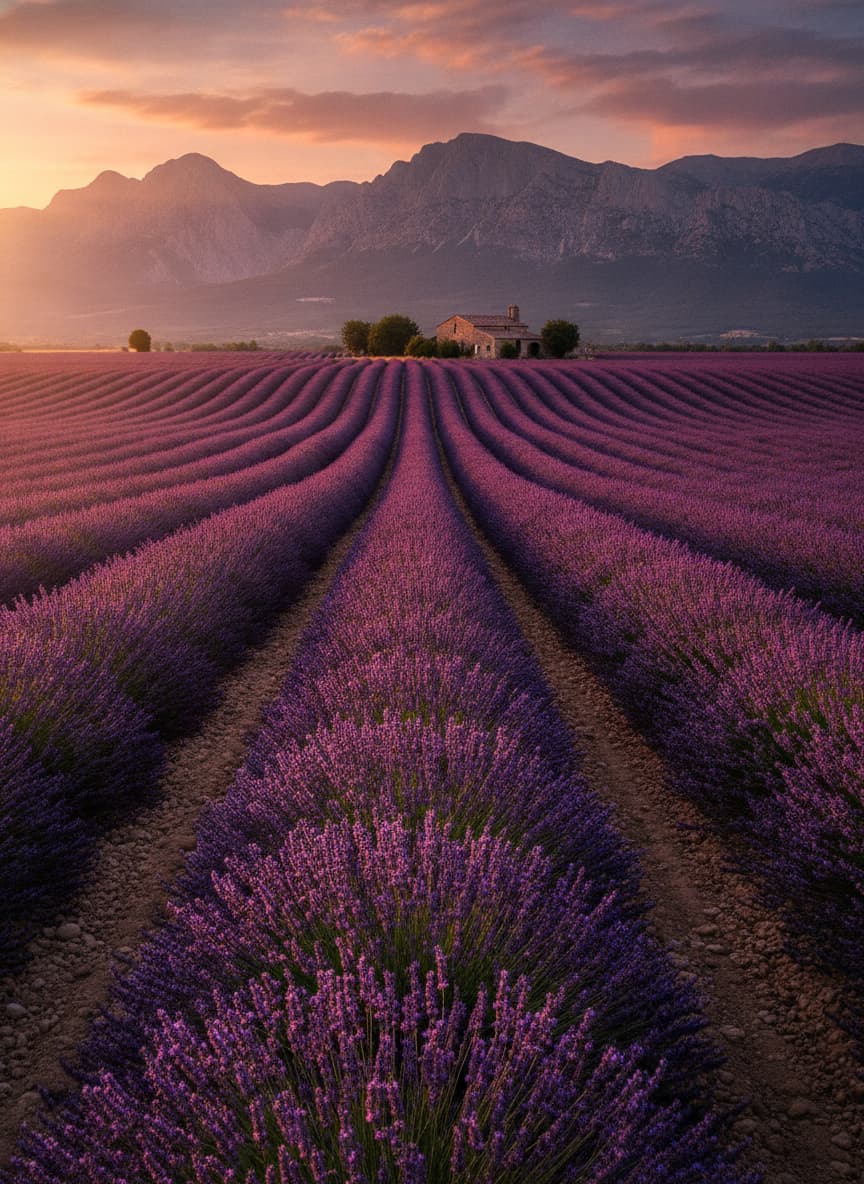 Vaste champ de lavande en fleur en Provence en été avec des rangées alignées menant à une ferme et la montagne de Lure au coucher du soleil.