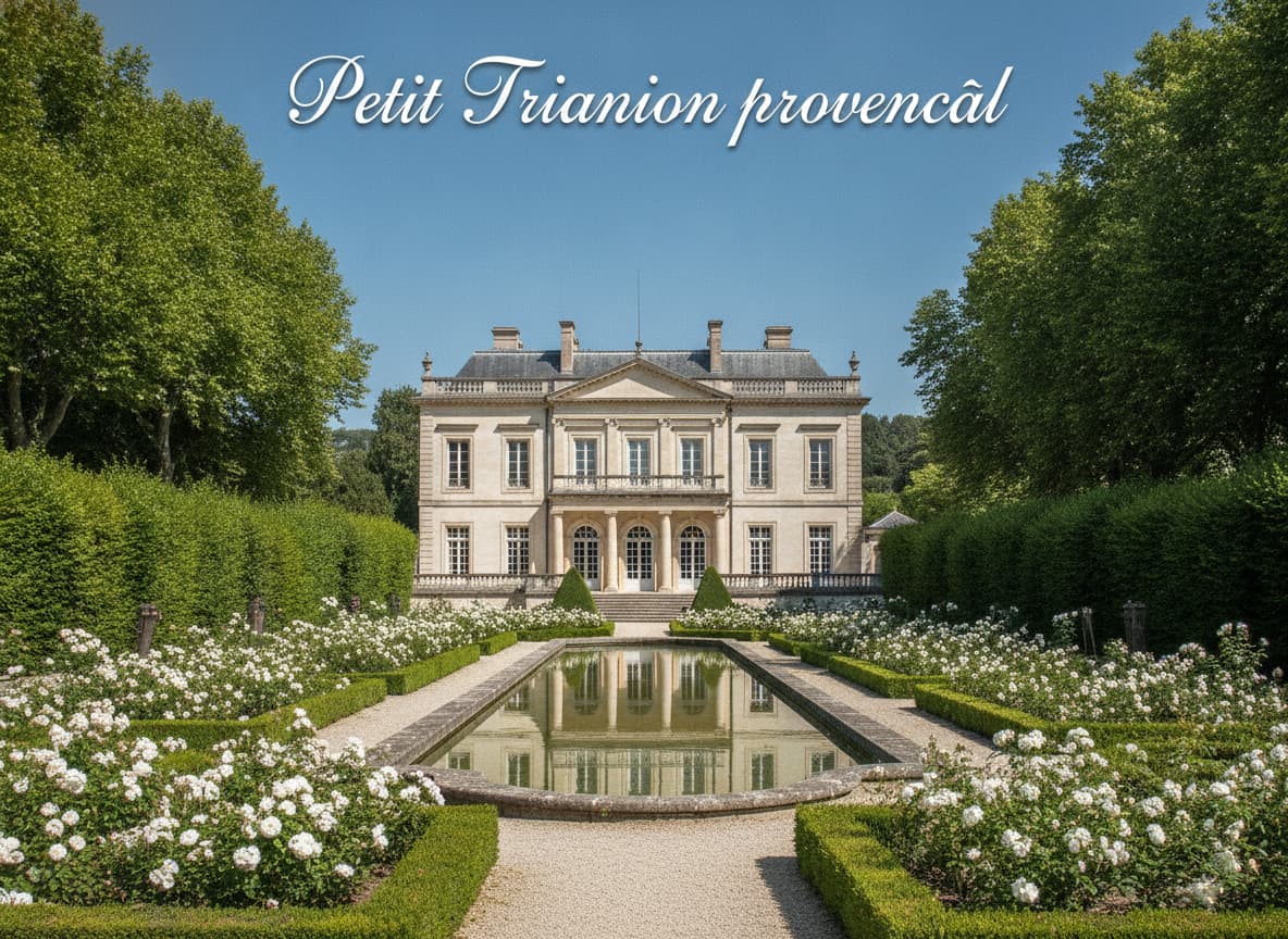 Vue symétrique de la façade principale du Château de Sauvan depuis un jardin à la française avec parterres, bassin réfléchissant, façade à pilastres sous un ciel provençal clair, encadrée de verdure luxuriante, avec le texte 'Petit Trianon provençal' en superposition.