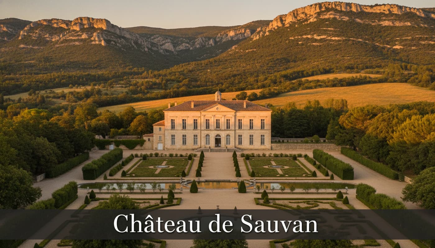 Façade du Château de Sauvan dans la lumière dorée de Haute-Provence, avec jardins à la française et texte superposé en bas.