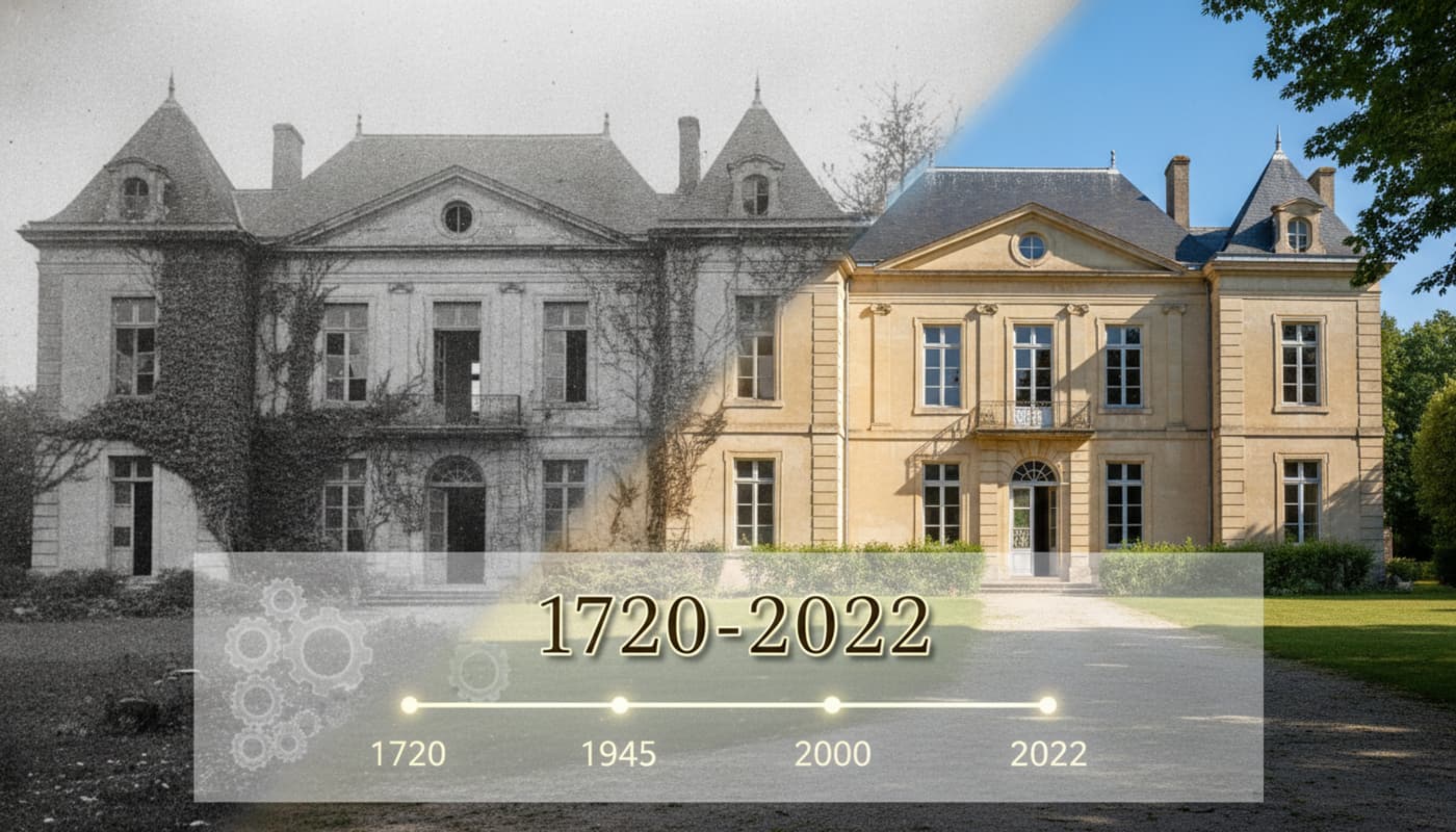 Photographie composite mêlant un cliché d'archive en noir et blanc du Château de Sauvan et une prise de vue moderne de sa restauration, surmontée d'une frise chronologique subtile et du texte '1720-2022'.