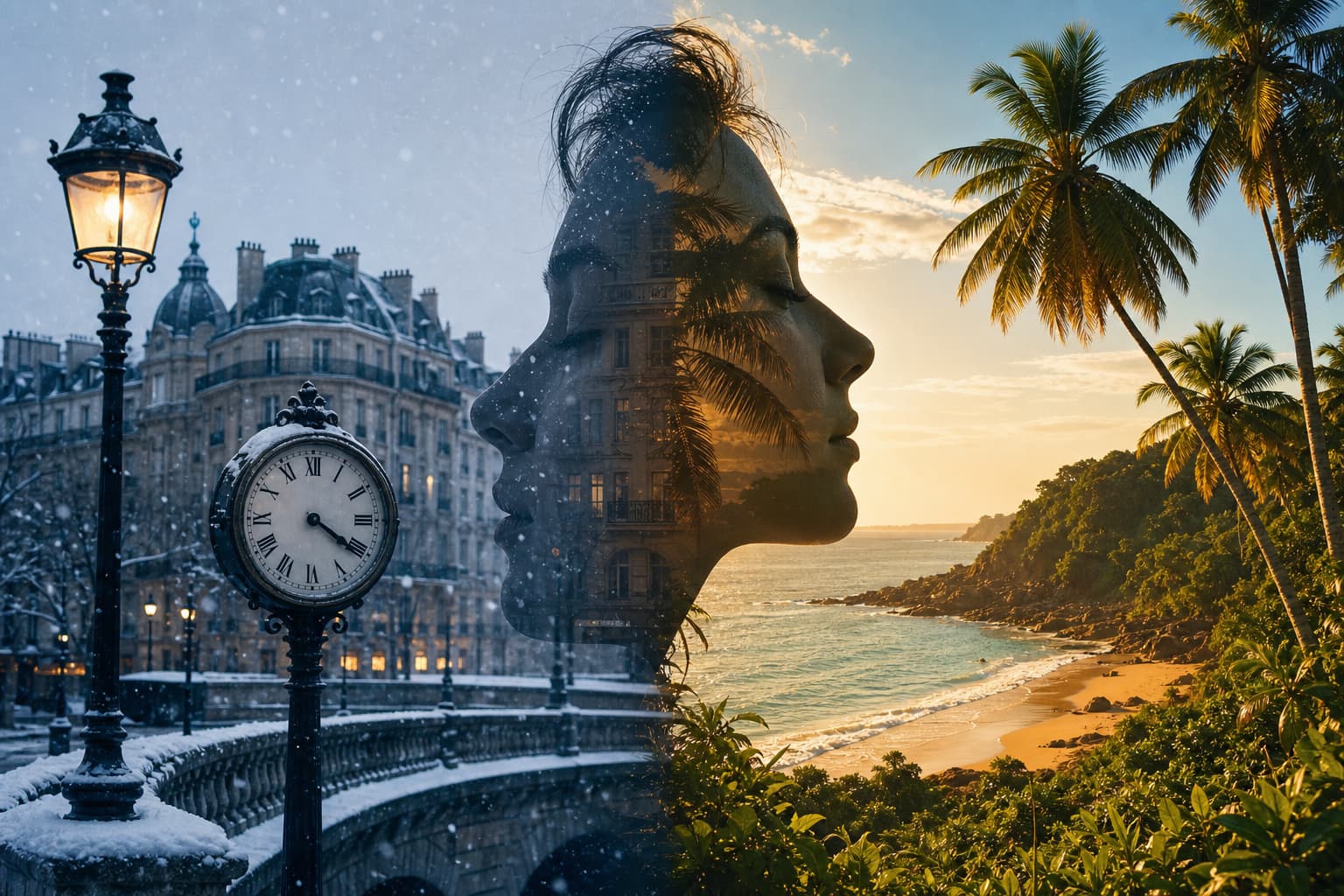 Illustration conceptuelle en split-screen opposant une rue hivernale parisienne avec lampadaire et horloge, et une plage tropicale ensoleillée à Cayenne avec palmiers et océan, dans un contraste de couleurs froides et chaudes.