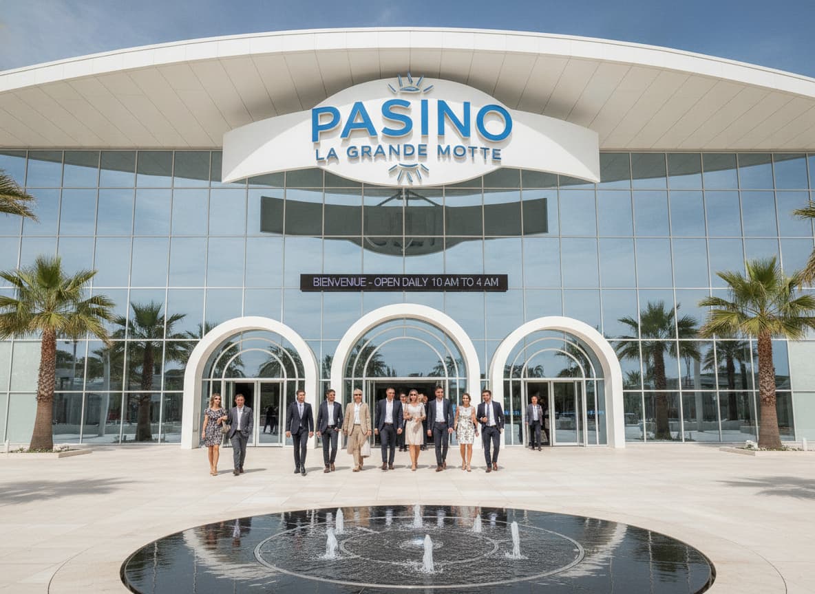 Entrée moderne du casino Pasino La Grande Motte avec de grandes portes vitrées, des visiteurs élégants entrant en journée sous un ciel bleu, et une signalétique accueillante.