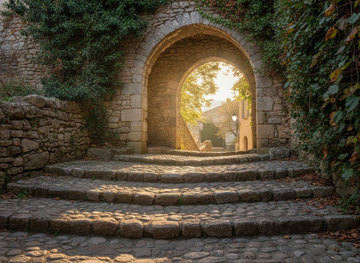 Escaliers de pierre anciens et une arche usée du village médiéval de Montjustin, avec du lierre grimpant sur les murs et une douce lumière solaire filtrant à travers.