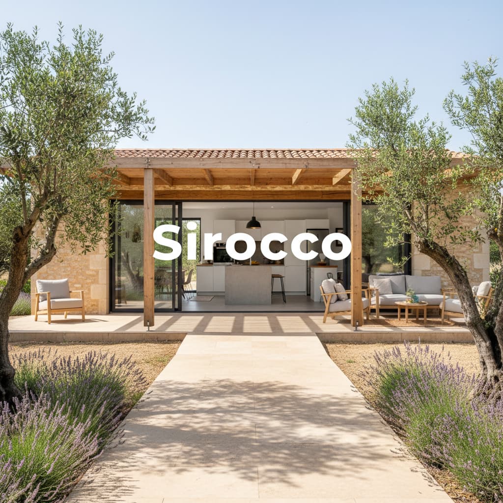 Un gîte moderne de plain-pied nommé Sirocco s'ouvre sur une terrasse ombragée entourée d'oliviers et de lavande, avec le mot Sirocco écrit en superposition.