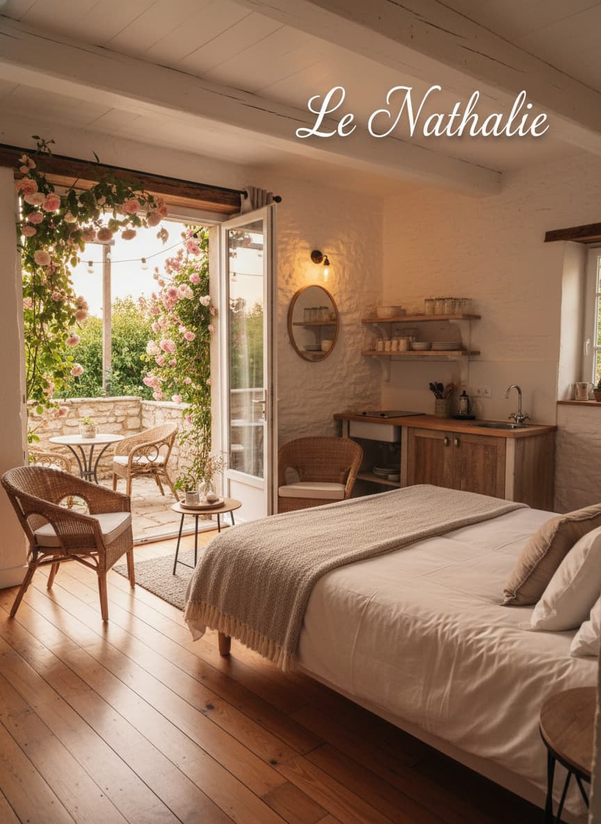 Gîte Le Nathalie avec un lit double confortable, un éclairage tamisé, une petite terrasse privée entourée de rosiers grimpants, une décoration rustique chic, une kitchenette, et un texte superposé 'Le Nathalie' avec ombre portée.