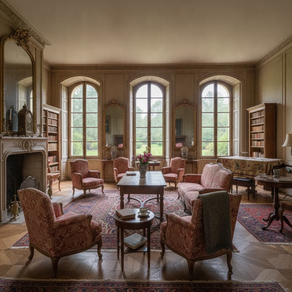 Grand salon du château de Sauvan avec meubles d'époque, miroirs dorés, cheminée monumentale et lumière naturelle entrant par les fenêtres.