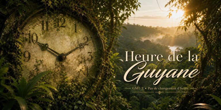 Un cadran d'horloge vintage s'intègre à une forêt tropicale guyanaise baignée de lumière matinale, accompagné du texte superposé 'Heure de la Guyane'.