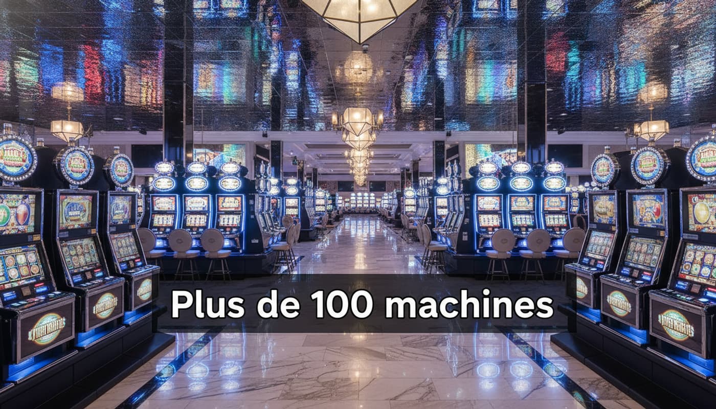 Vue large de la salle de machines à sous d'un casino, avec des rangées de machines lumineuses et un bandeau texte 'Plus de 100 machines' en surimpression.