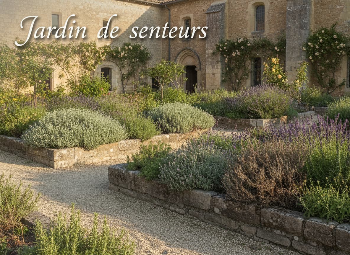 Jardin médiéval du prieuré de Salagon avec des pierres surélevées, des plantes aromatiques, un chemin de gravier, et la façade en pierre du prieuré à l'arrière-plan.