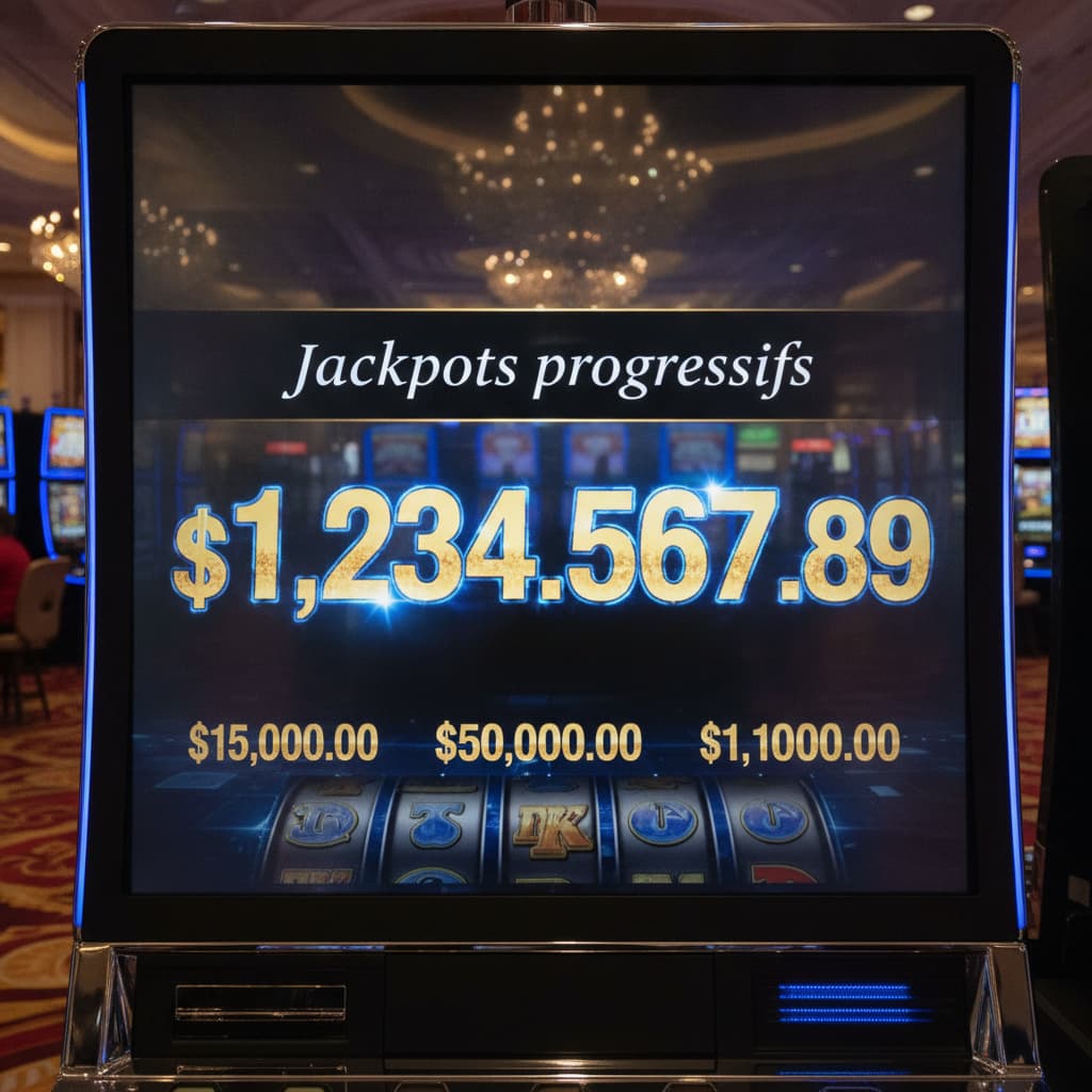 Premier plan d'un écran de machine à sous affichant un jackpot progressif à sept chiffres lumineux, avec le texte 'Jackpots progressifs' superposé sur un fond sombre, flou de casino en arrière-plan.