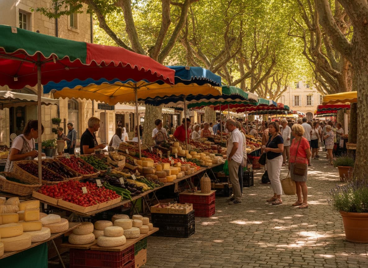 Étals de fruits, légumes et fromages sous des auvents colorés dans un marché provençal animé, avec lumière filtrant à travers les platanes.