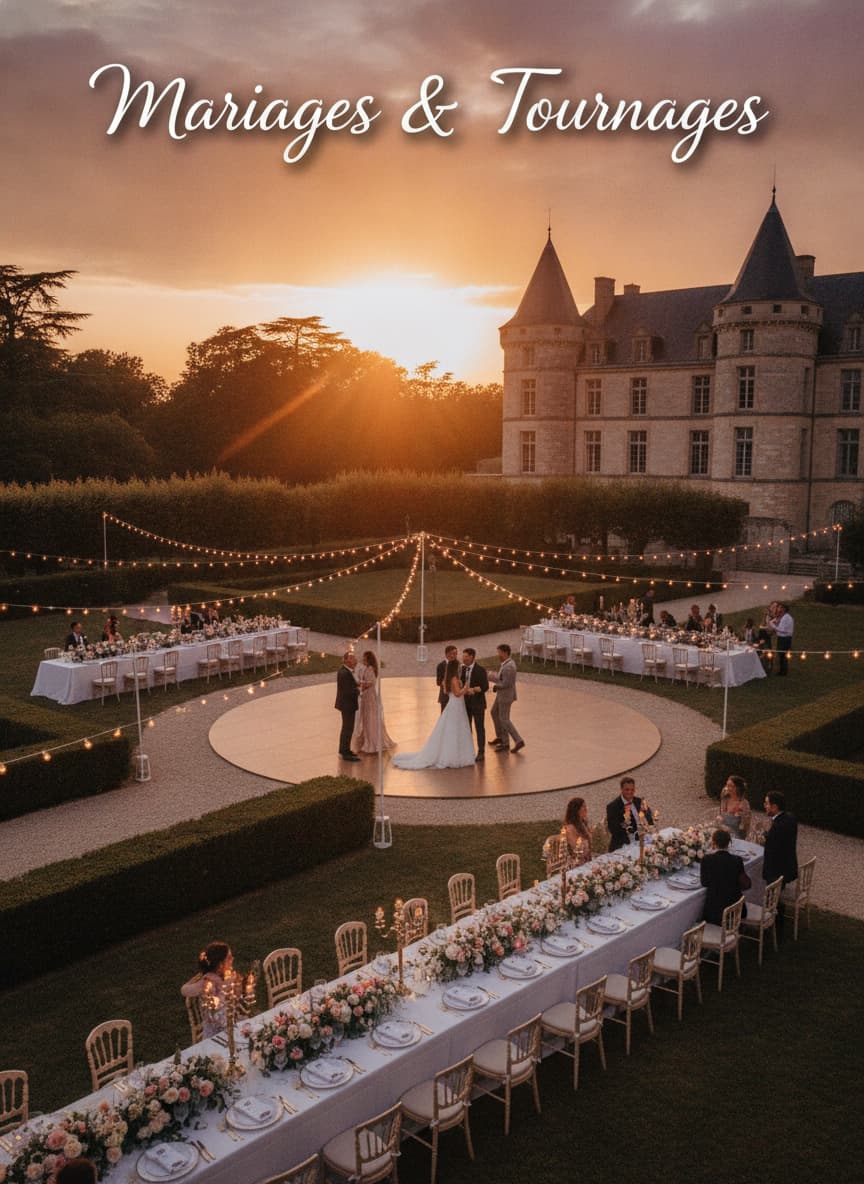 Réception de mariage en plein air dans les jardins du Château de Sauvan au coucher du soleil, avec guirlandes lumineuses, couples dansant et tables joliment décorées, surmonté du texte 'Mariages & Tournages'.
