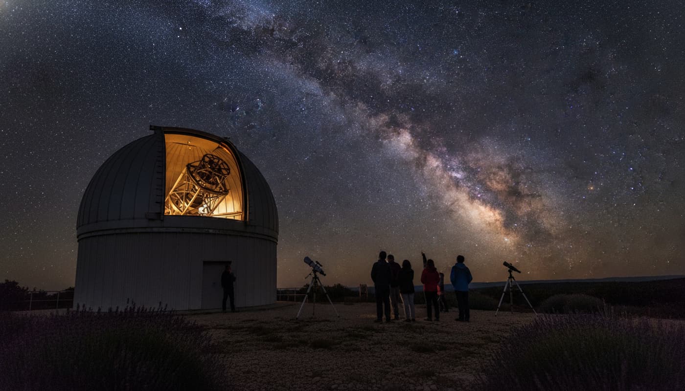 Coupole d'observatoire et T760 silhouettés sous la Voie lactée, avec groupe de personnes levant les yeux dans la nuit étoilée.