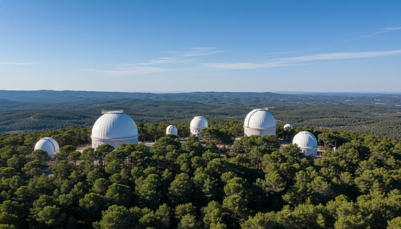 Vue panoramique de l'Observatoire de Haute-Provence avec plusieurs dômes blancs de télescopes émergeant d'une forêt de pins sous un ciel bleu nuageux.