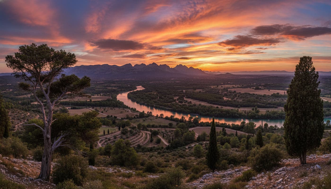 Vue panoramique au coucher du soleil sur la rivière Durance et le massif des Alpilles depuis une colline plantée de cyprès.