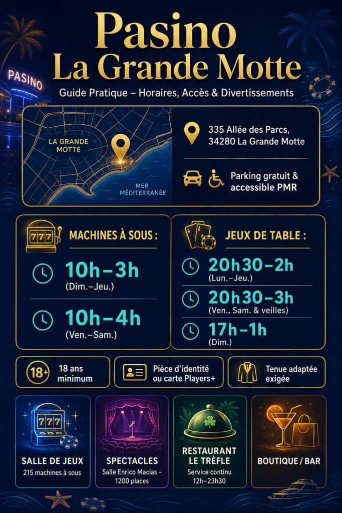 Infographie verticale du Pasino La Grande Motte avec carte, adresse, parking PMR, horaires des machines à sous et des jeux de table, conditions d’entrée et quatre univers de divertissement.