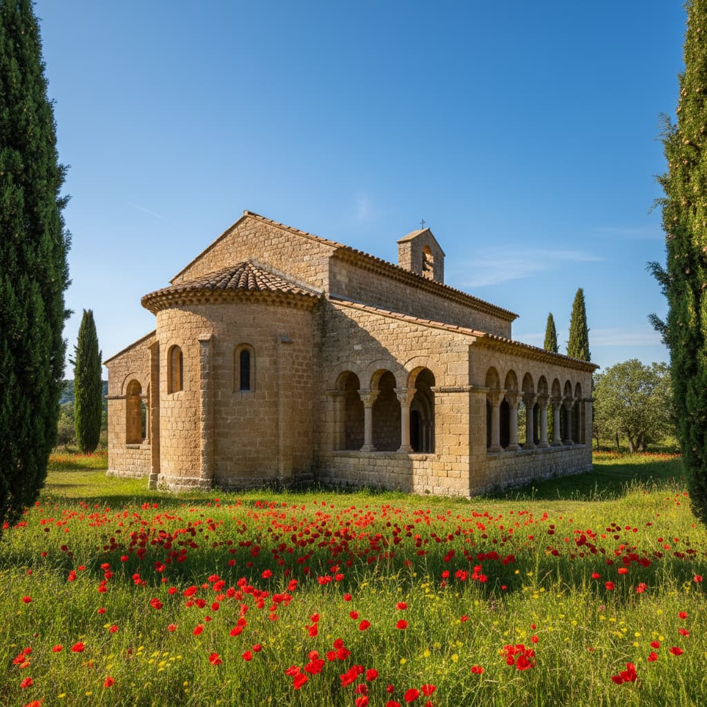 Chapelle romane en pierre avec un petit cloître, entourée de cyprès et de fleurs sauvages sous un ciel bleu clair.