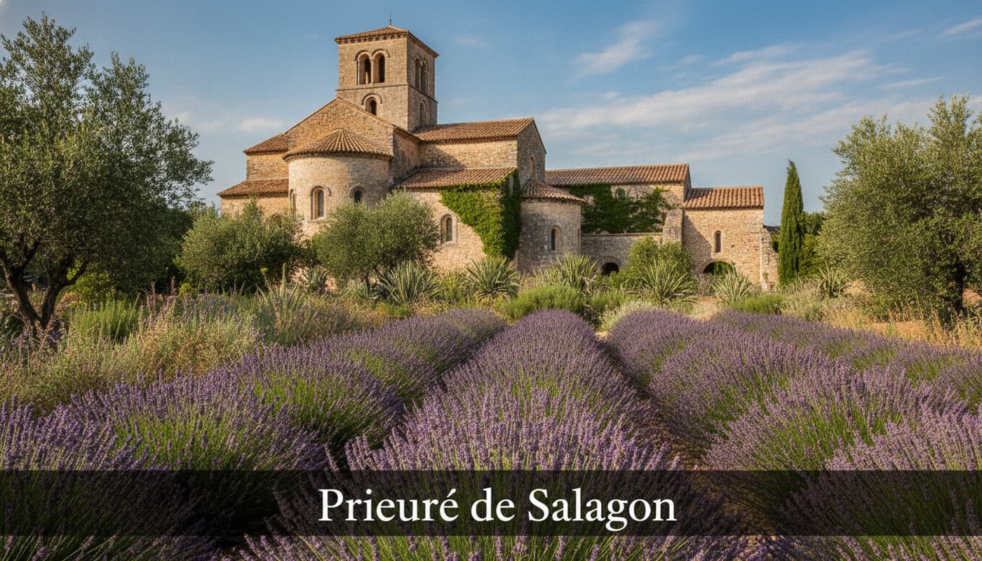Le Prieuré de Salagon, avec sa tour romane en pierre, se dresse parmi une végétation méditerranéenne sous un ciel bleu nuageux, des lavandes au premier plan.