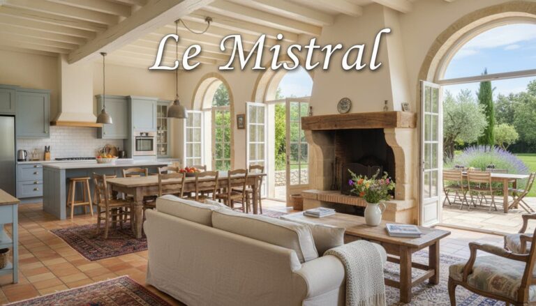 Grand salon lumineux d'un gîte provençal avec canapé, meubles en bois rustique, cuisine moderne ouverte et baie vitrée donnant sur un jardin luxuriant, avec la mention 'Le Mistral' en surimpression.