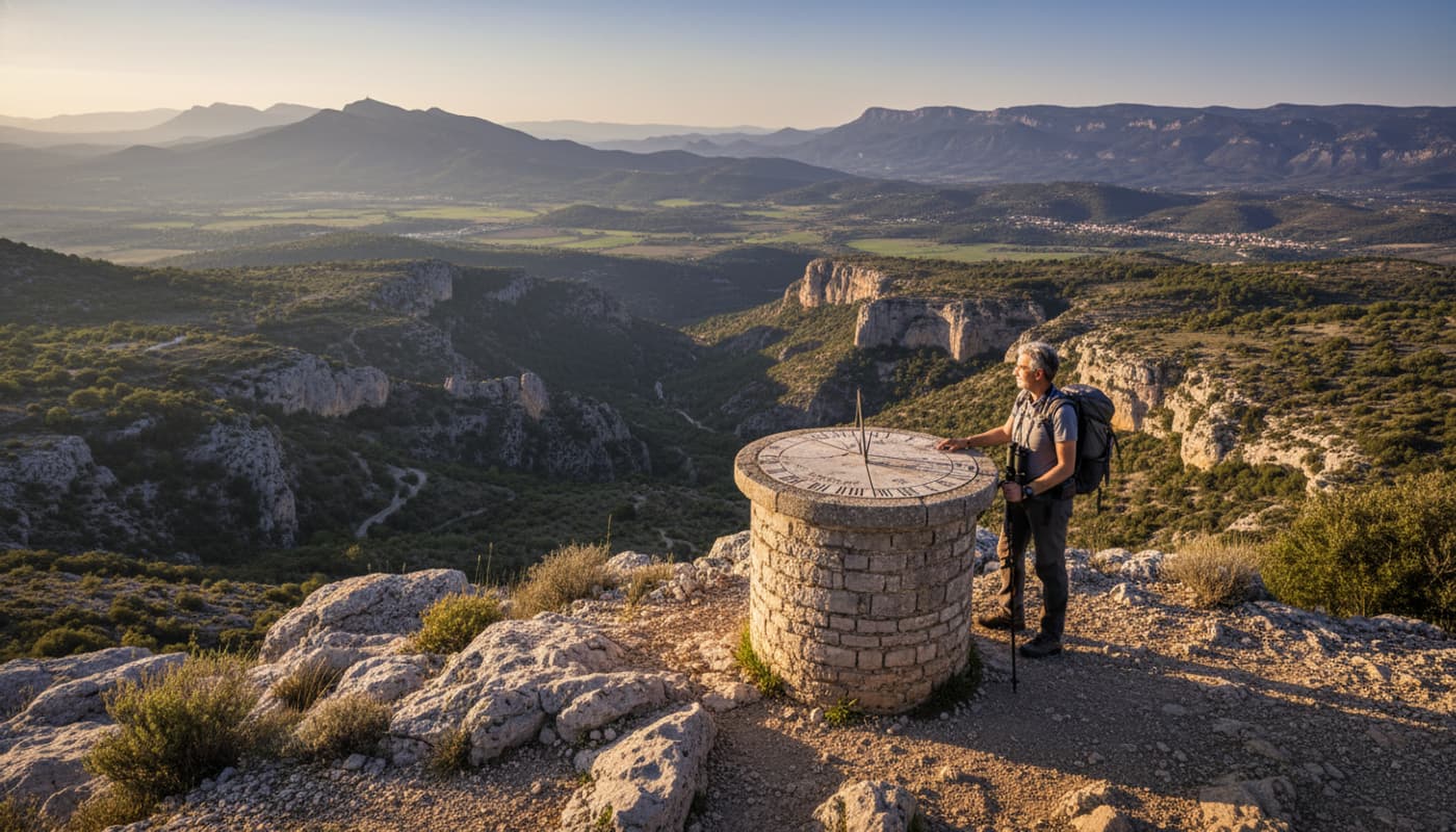 Un randonneur debout sur une crête rocheuse surplombant la vallée d'Encrême, avec un grand cadran solaire en pierre au premier plan, vue panoramique sur le parc du Luberon en fin d'après-midi.