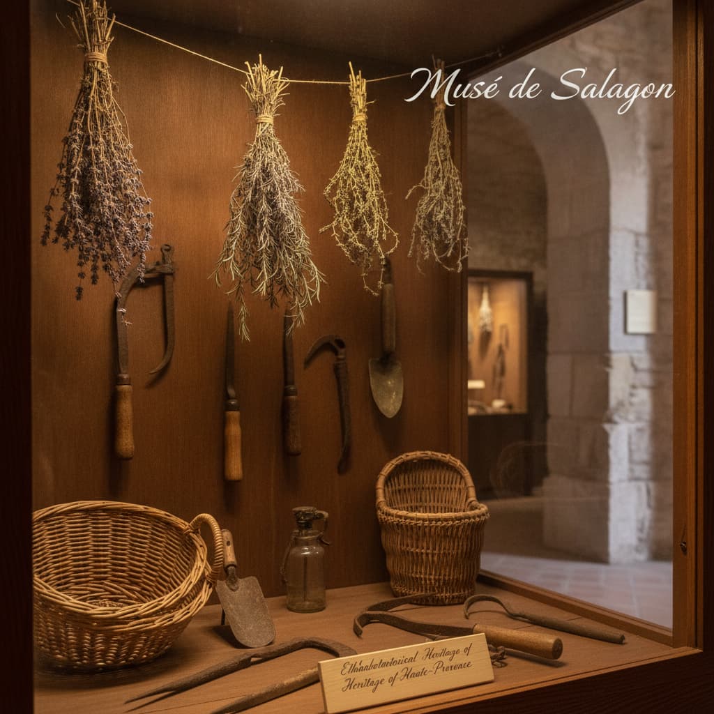 Présentation d'une vitrine au musée de Salagon avec des outils agricoles anciens, des herbes séchées et des paniers en osier, éclairés par une lumière chaude.