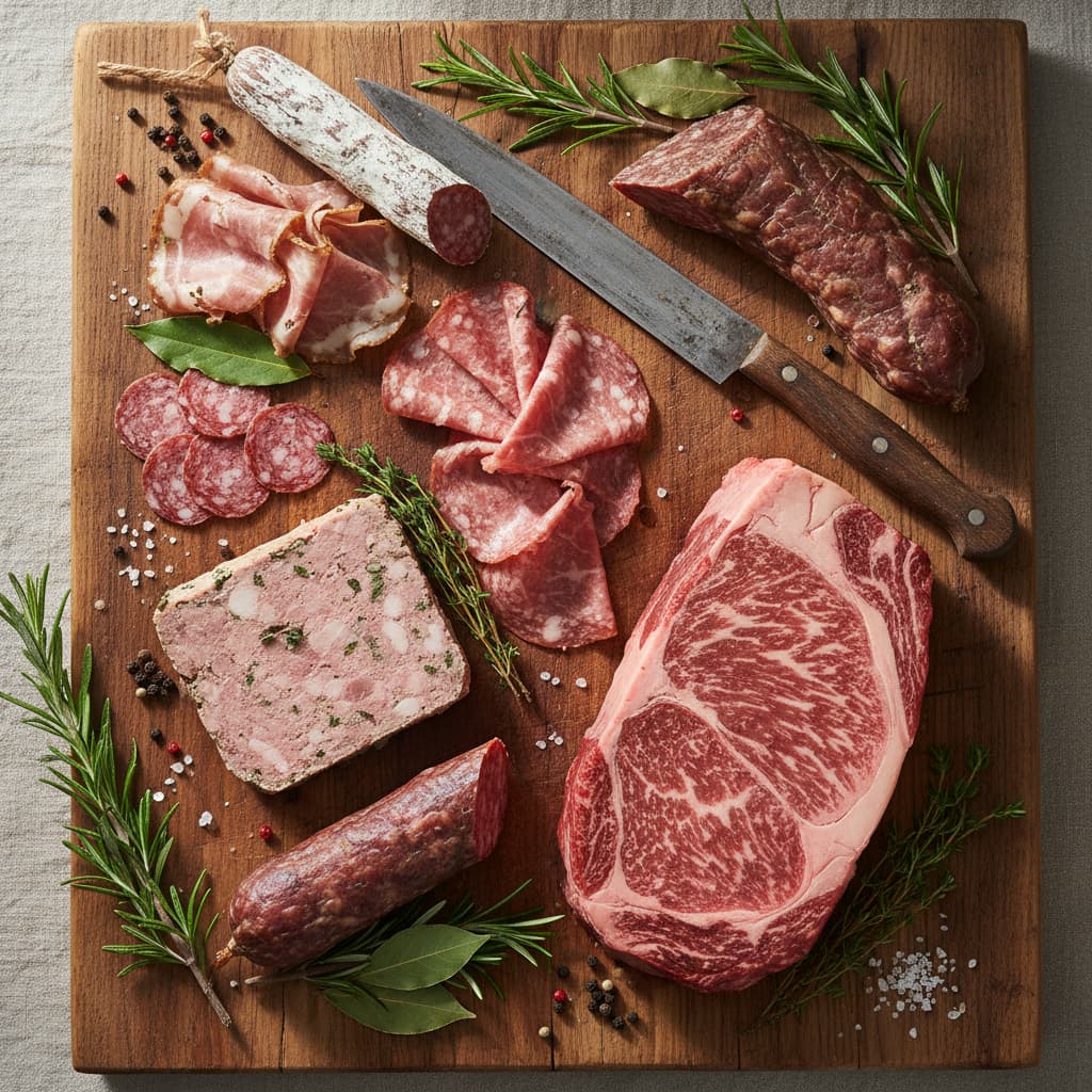 Vue plongeante d'une planche en bois garnie de charcuterie artisanale, de côte de bœuf, d'herbes fraîches et d'un couteau de chef.