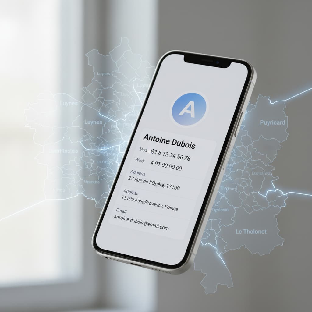 Un écran de smartphone affiche une fiche de contact avec une adresse et un numéro de téléphone, posé sur un arrière-plan montrant une carte estompée des communes du Pays d'Aix.