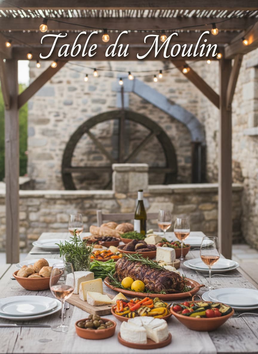 Une table joliment dressée avec des fromages locaux, de l'agneau rôti, des légumes du jardin et un verre de rosé sous une pergola éclairée de guirlandes lumineuses, avec la roue du moulin et les murs en pierre flous en arrière-plan.
