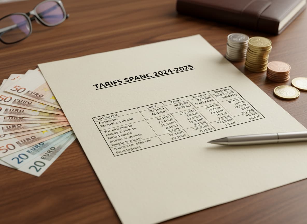 Document officiel intitulé 'Tarifs SPANC 2024-2025' posé sur un bureau en bois avec des billets et des pièces en euros disposés autour.
