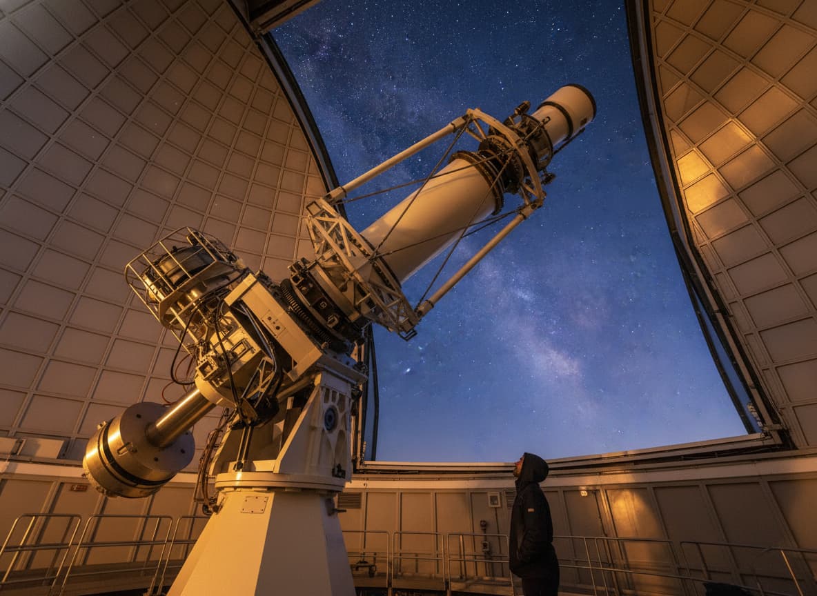 Vue intérieure du télescope T193 dans son dôme à l'Observatoire de Haute-Provence, avec la monture métallique imposante, la fente du dôme ouverte laissant voir un ciel crépusculaire, et un scientifique en silhouette debout près de l'instrument.