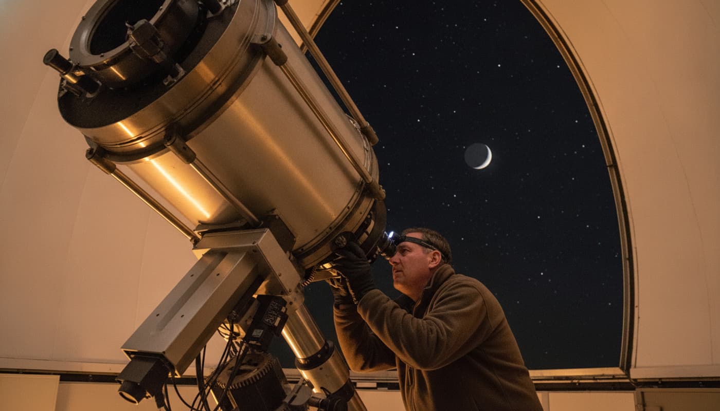 Astronome en tenue de travail ajustant l'oculaire d'un télescope T600 dans un observatoire, avec ciel étoilé et lune visible par la coupole ouverte.
