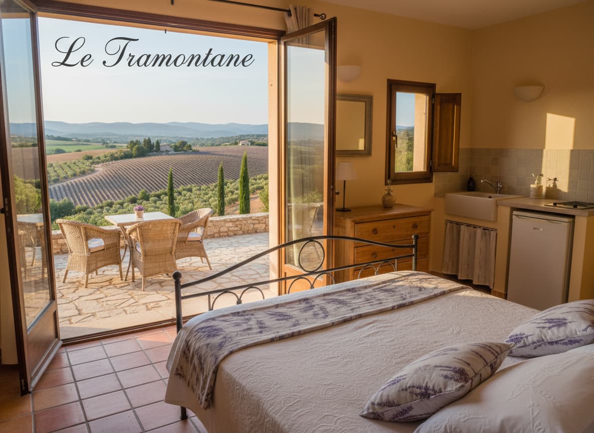 Terrasse et chambre du gîte Le Tramontane avec vue panoramique sur les collines du Luberon et champs de lavande sous la lumière dorée du soir.