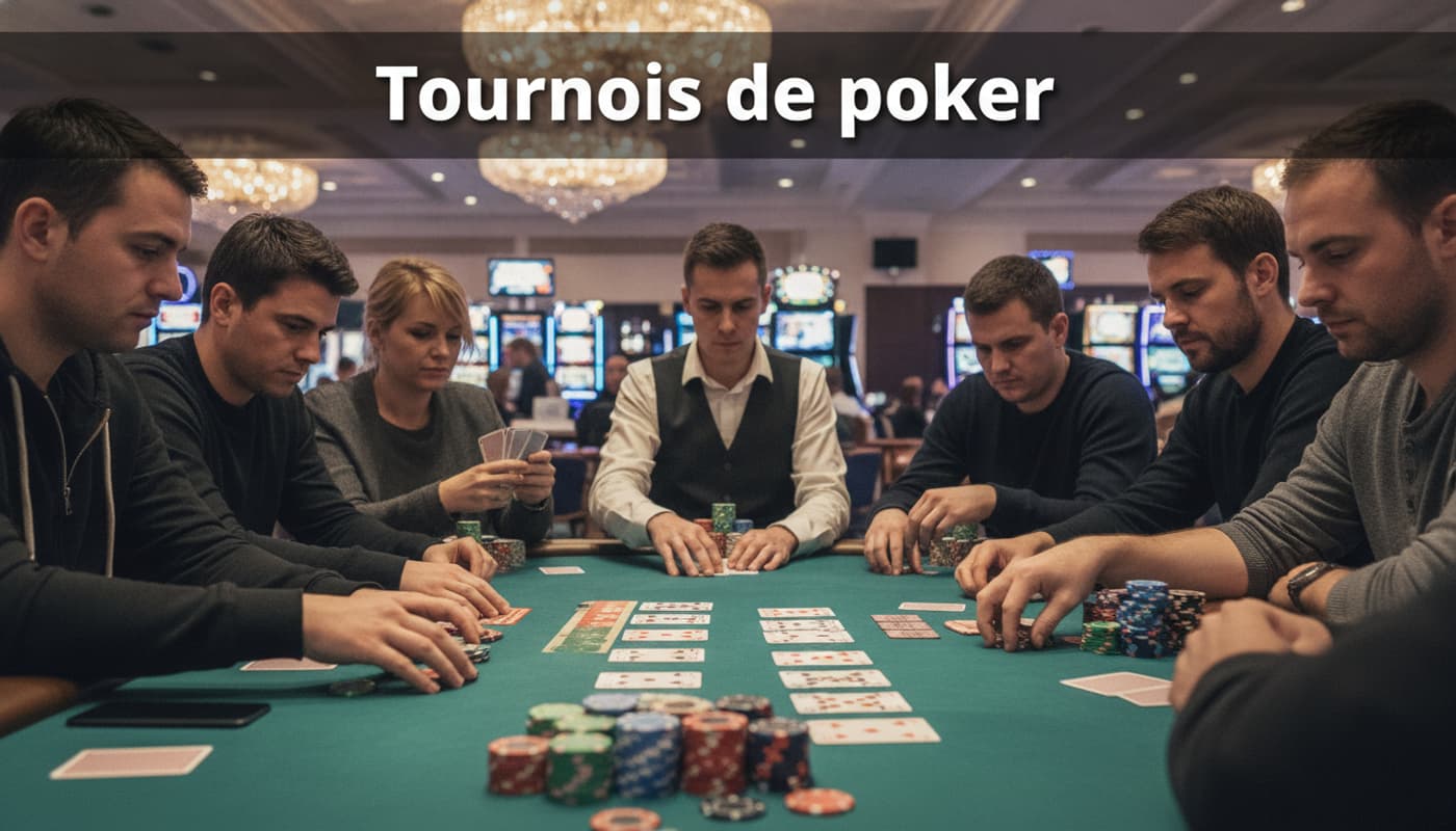 Joueurs autour d'une table de poker verte avec cartes et jetons, un croupier au centre, éclairage tamisé, texte 'Tournois de poker' superposé.