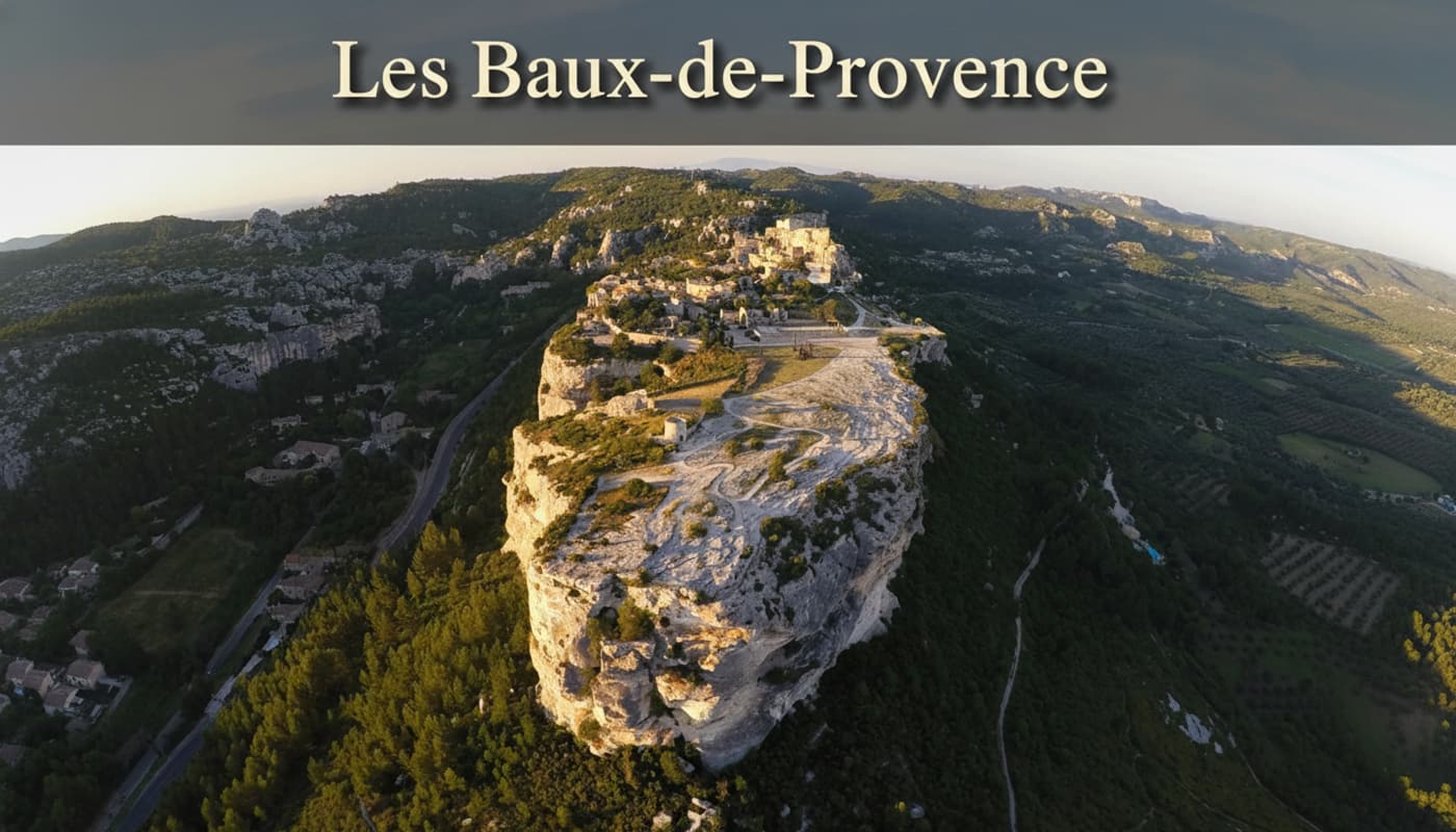 Vue aérienne panoramique du village médiéval des Baux-de-Provence perché sur une falaise calcaire, entouré d