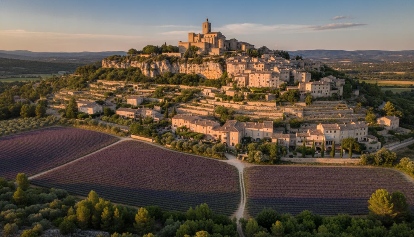 Village perché de Gordes aux maisons en pierre dominant un champ de lavande violet dans le Luberon.