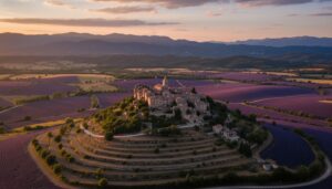 Vue aérienne du village perché de Montjustin sur une falaise rocheuse au coucher du soleil, avec des champs de lavande et les montagnes du Luberon en arrière-plan, baigné d'une lumière dorée chaude.