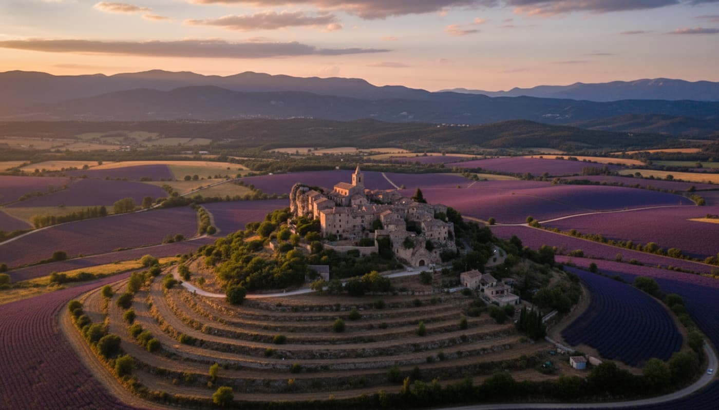 Vue aérienne du village perché de Montjustin sur une falaise rocheuse au coucher du soleil, avec des champs de lavande et les montagnes du Luberon en arrière-plan, baigné d'une lumière dorée chaude.